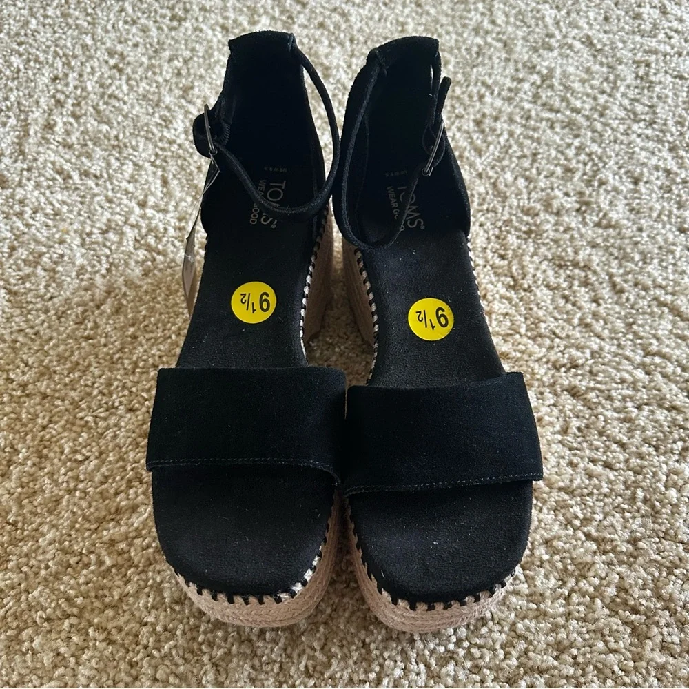 TOMS Laila‎ Black Suede Platform Espadrille Wedge Sandals Size 9.5 NWT